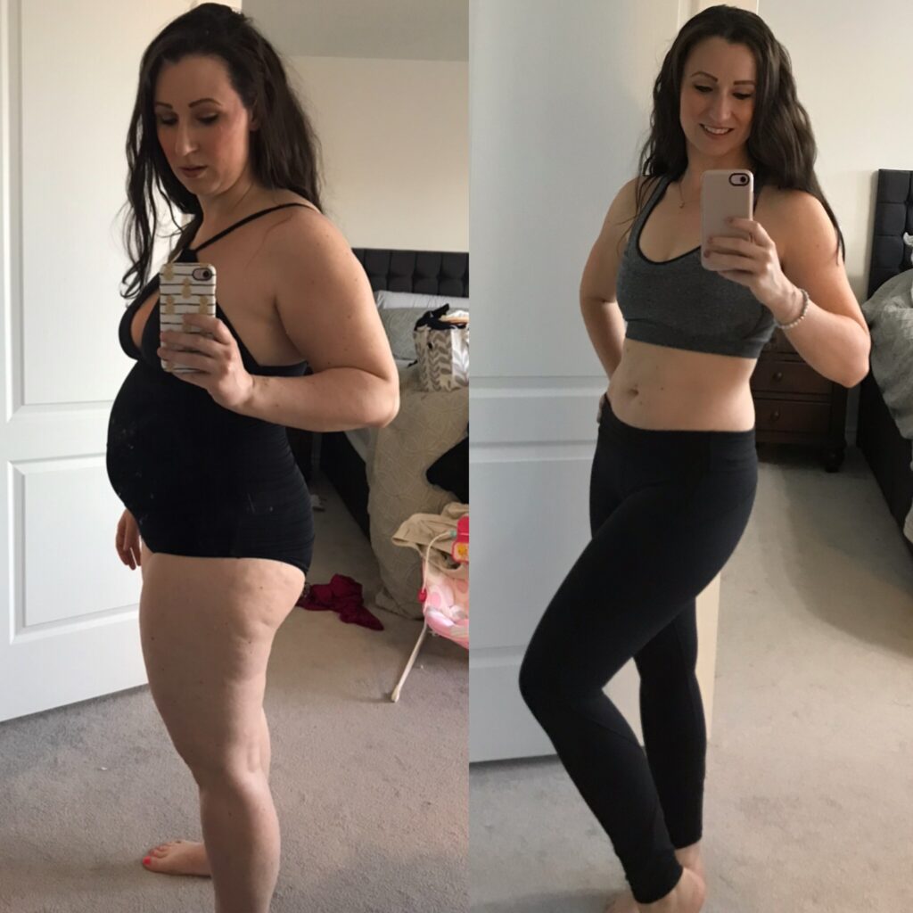 A picture showing myself one month after my second baby with a lot of the baby weight still remaining and unhappy compared to a recent picture of myself after loosing most of my baby weight. I am happy, confident and smiling in the picture